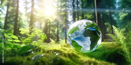 Fototapeta Naklejka Na Ścianę i Meble -  a miniature green earth in the photo in the middle of the forest. Generative AI