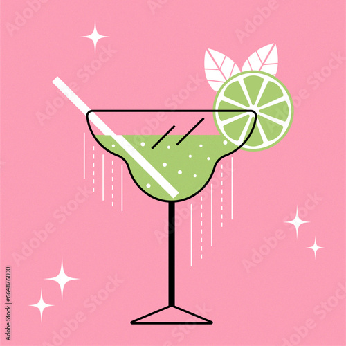 Glass with lime cocktail and lime with leaves. Vector illustration