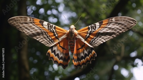 An ornate hawk-eagle moth in flight, captured mid-flap to reveal the mesmerizing patterns on its wings.