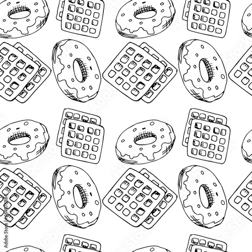 Vector illustration , pastries sketch hand drawn doodle pattern on white background waffle and donuts of high-quality, hand-drawn baked-goods graphics for food projects and baking businesses.