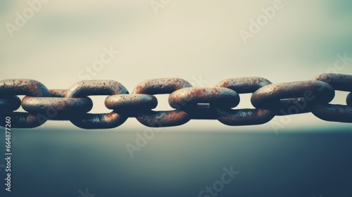 Vintage anchor vessel part anchored to dock. Closeup of chain link connected to heavy rusty anchor. Industrial, maritime setting with blue sea in background. Harbor and steel equipment.
