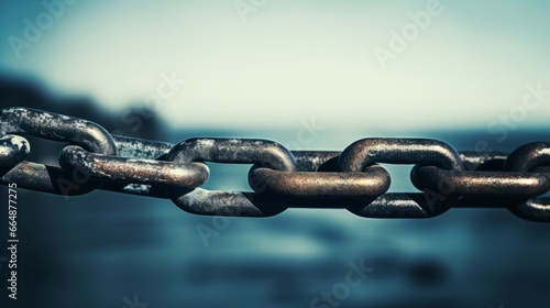 Vintage anchor vessel part anchored to dock. Closeup of chain link connected to heavy rusty anchor. Industrial, maritime setting with blue sea in background. Harbor and steel equipment.