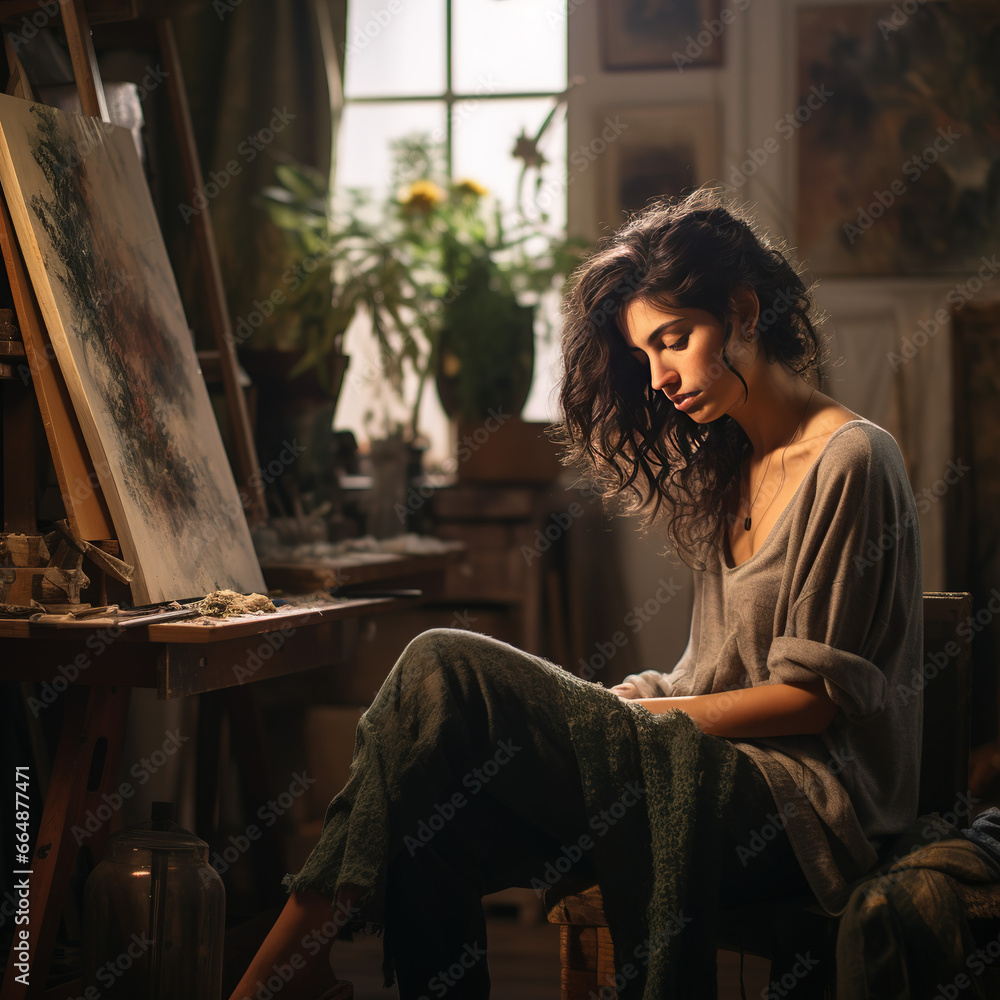 A Candid Photograph of a Painter Woman Taking a Break A Candid Photograph of a Painter Woman Taking a Break