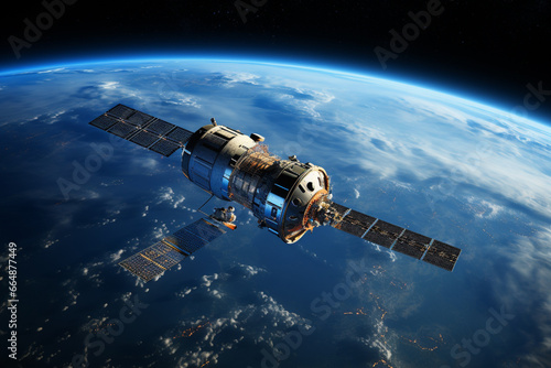 Communication satellite gracefully orbiting Earth  tirelessly connecting the world. Ai generated