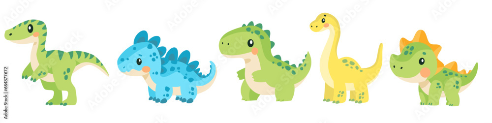 Obraz premium A set of super cute vector children's illustrations. Cute green dinosaurs on white background. Vector illustration
