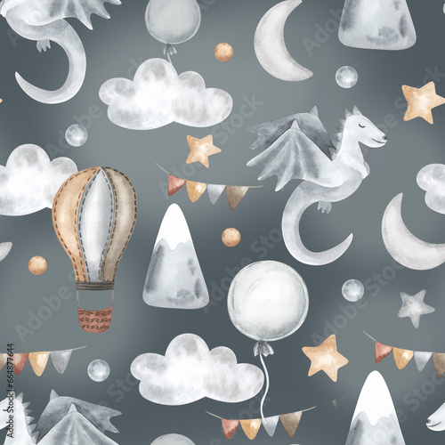 Watercolor seamless color repeating pattern with dragon. Childish with hand drawn illustration air balloon. Pattern in beige gray color palette. For nursery, fabric, wallpaper.