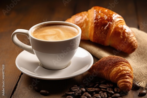 a cup of coffee next to a croissant
