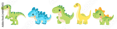 A set of super cute vector children's illustrations. Cute green dinosaurs on white background. Vector illustration