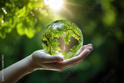 Hands holding crystal earth in green grass forest with sunlight. Environment, save the World, earth day, ecology, and Conservation Concepts..