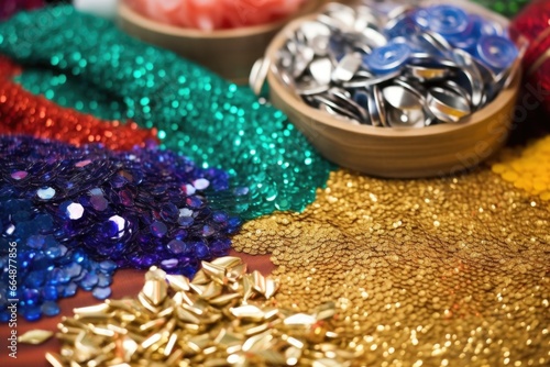 costume materials such as beads and sequins scattered on a table