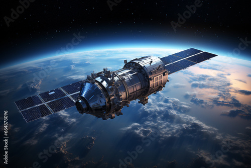 Communication satellite gracefully orbiting Earth, tirelessly connecting the world. Ai generated