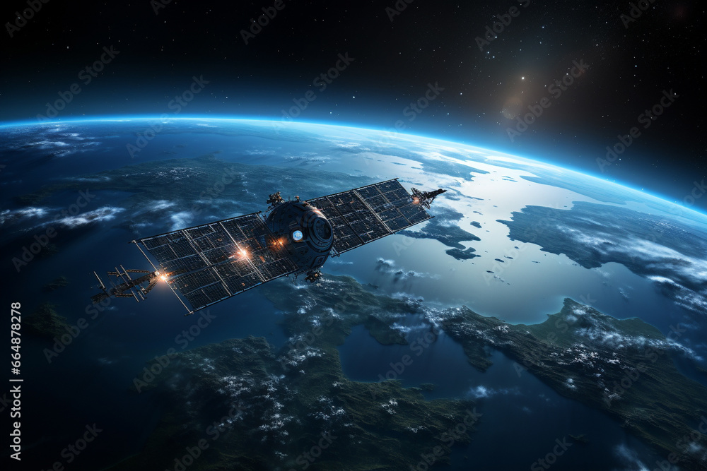 Communication satellite gracefully orbiting Earth, tirelessly connecting the world. Ai generated