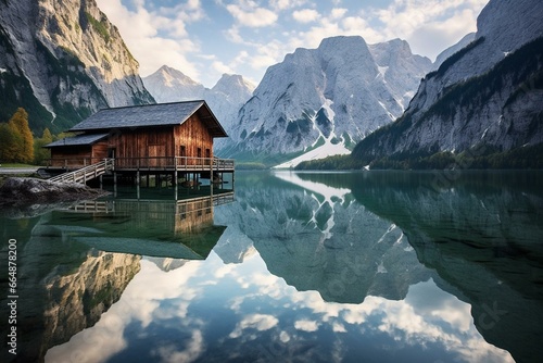 Mountain landscape in Austria's Oberösterreich region featuring the picturesque Gosau lakes and Dachstein mountain range. Generative AI photo