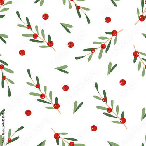 Vector New Year pattern. New Year berries, sharrow, red berries, green leaves, white background . Vector illustration