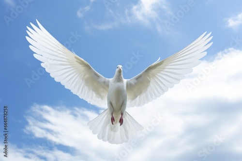 an open sky with a white dove flying high