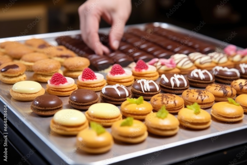 hand placing a perfect eclair on a bakery display tray hand placing a perfect eclair on a bakery display tray