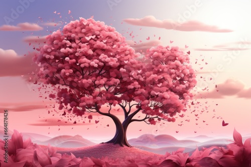 Pink heart shaped tree. Cartoon illustration © Elen Nika