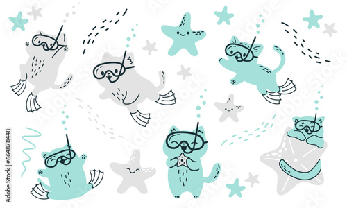 Set of children's vector illustrations. Cute cats swimming with underwater mask, cats scuba divers, starfish. Cute kittens in Scandinavian style . Vector illustration