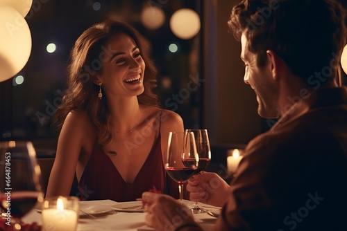 Couple On A Candle Light Dinner Table Smiling and Looking to Each Other With Glass of Wine photo