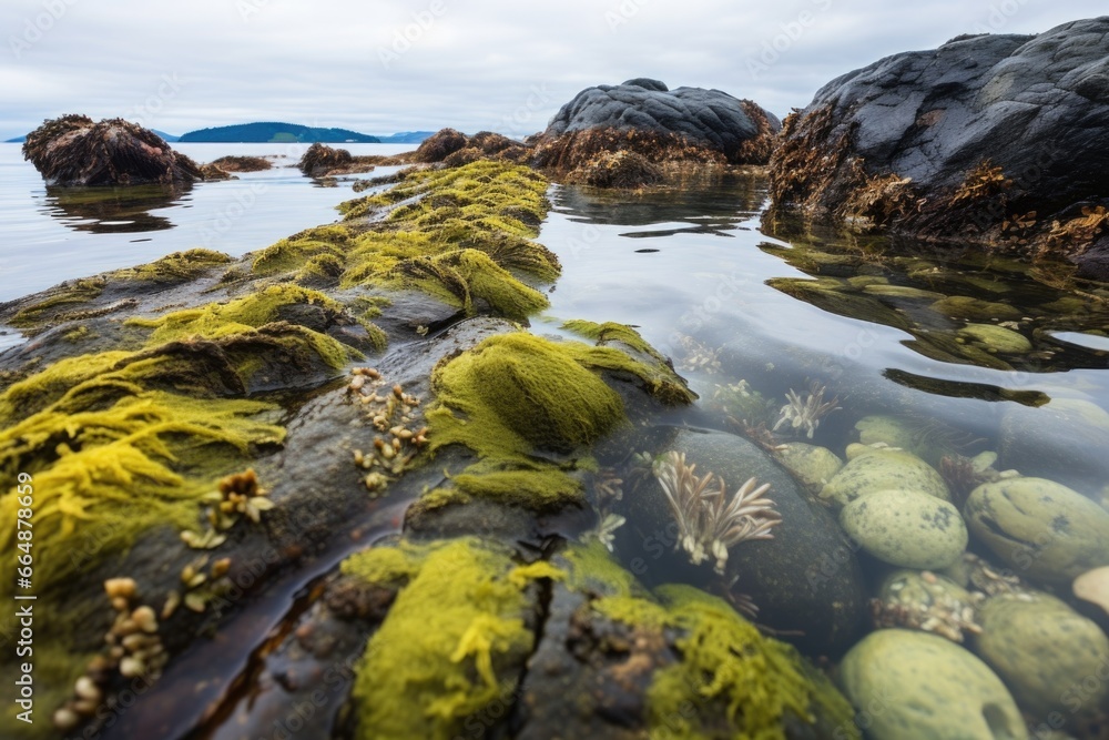 intertidal zone rocks covered in vibrant seaweed