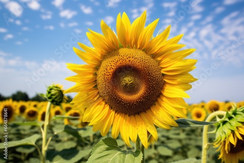 one sunflower turned away from a field of sunflowers