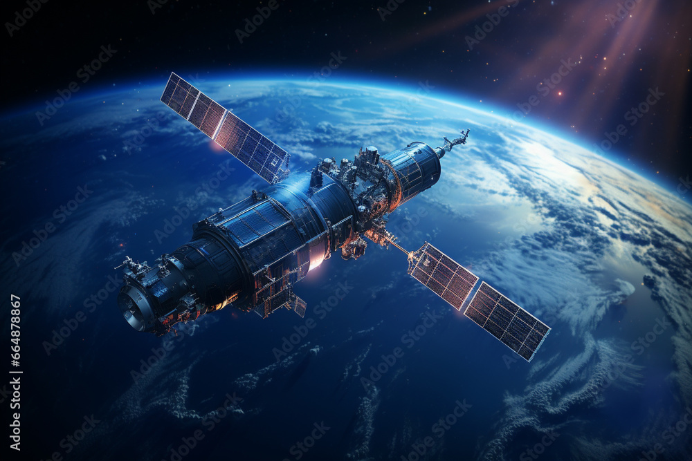 Obraz premium Communication satellite gracefully orbiting Earth, tirelessly connecting the world. Ai generated