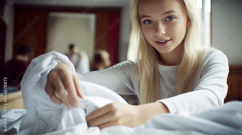 Young blonde pretty student making the bed at the university. Generative AI Young blonde pretty student making the bed at the university. Generative AI