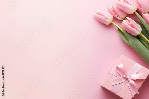 Mother's Day concept. Pink gift box with ribbon bow and a bouquet of tulips. © MdImam
