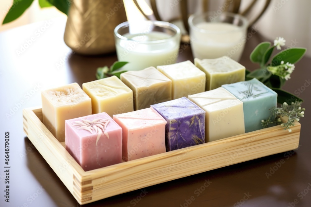 homemade soap bars arranged in a decorative wooden tray homemade soap bars arranged in a decorative wooden tray