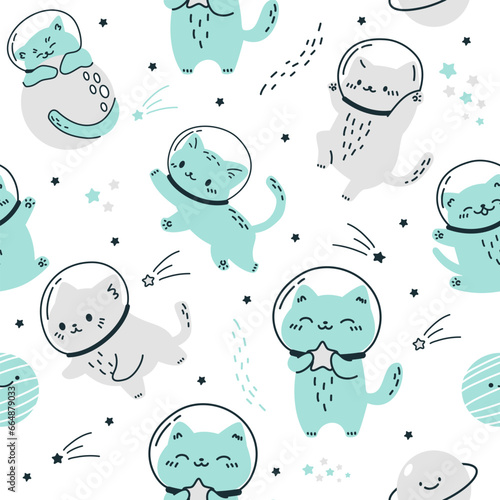 Seamless vector pattern in minimalistic doodle style. Cats in spacesuits flying in space. Stars and planets . Vector illustration