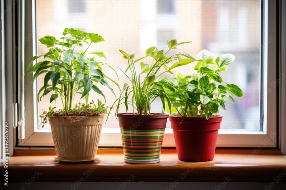 two flower pots oriented towards each other on a windowsill two flower pots oriented towards each other on a windowsill