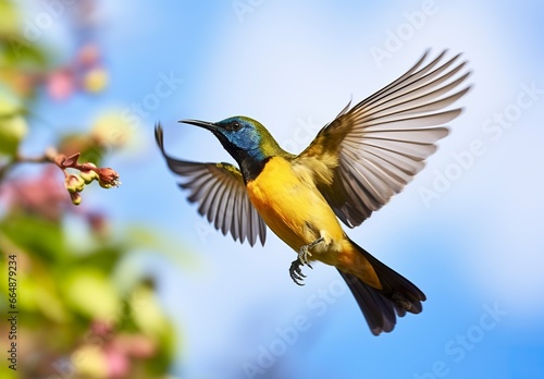 Olive backed sunbird, Yellow bellied sunbird flying in the bright sky. © MdImam