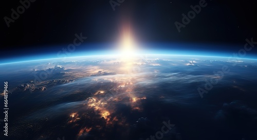 photo of the earth's surface from space and the bright rays above it. Generative AI