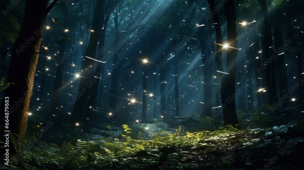 Fireflies in a moonlit forest, creating a mesmerizing display of natural light.