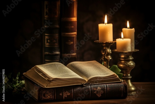 Old book and candles on wooden table. Art paper candle blank antique. Generate AI © nsit0108