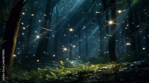 Fireflies in a moonlit forest, creating a mesmerizing display of natural light.