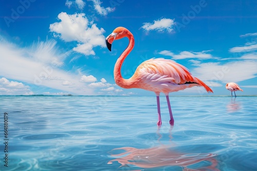 Pink Flamingo in the water.