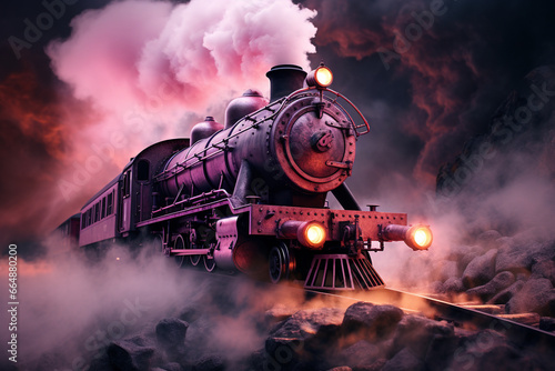 Vintage locomotive train, its engine chimney emitting a dreamy plume of pink smoke, evoking the retro nostalgia. Ai generated