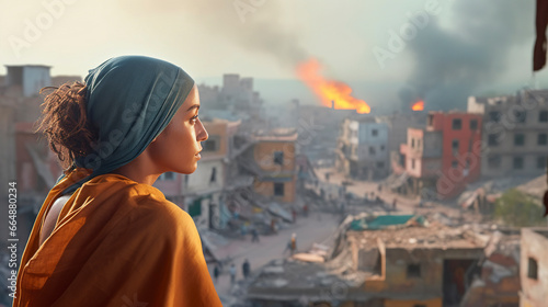 woman with headscarf observes the destruction of the city due to war. Generative AI.woman with hijab
