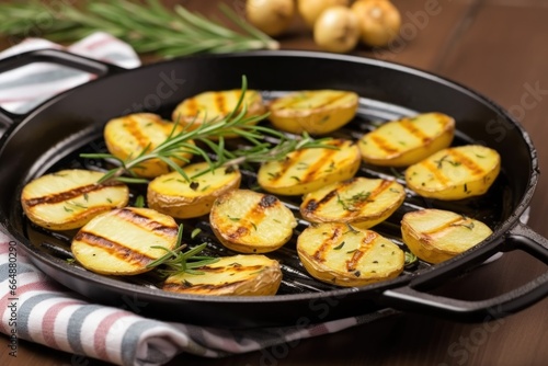 grill pan with half-charred potatoes, sprinkled with fresh rosemary