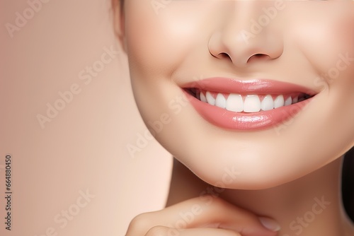 smile beautiful woman lipstick model with charming lips isolated cream background, selective focus, her hands touching lips, glowing face