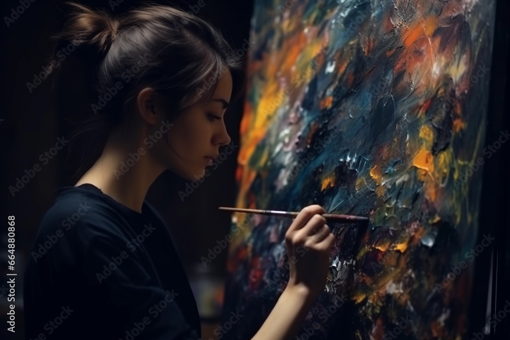 Fototapeta premium Woman artist working on painting with brush and variant acrylic color. Female artist painter on canvas in creative studio as art concept. Generative Ai.