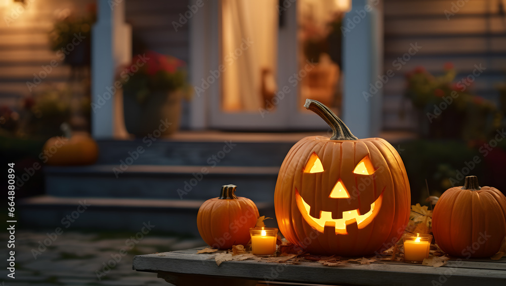 carved halloween pumpkins on a porch in front of a house carved halloween pumpkins on a porch in front of a house
