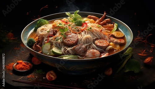 Delicious ramen noodles in photo on dark background. Generative AI