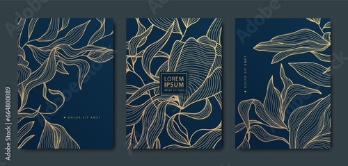 Vector golden leaves art deco patterns. Line leaf texture covers. Luxury black line flyers, brochures, packaging design, social media post, banners.