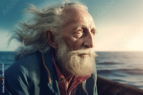 Old man at breeze ocean water. Ocean lookin senior elderly mature. Generate ai photo
