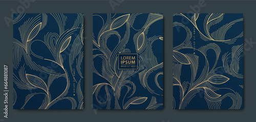 Vector golden leaves art deco patterns. Line leaf texture covers. Luxury blac...