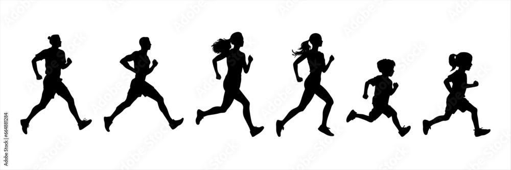 Vector silhouette Runners, Joggers, Sprinters Male and Female. womanand man, child boy and girl, family isolated on white	
