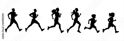 Vector silhouette Runners, Joggers, Sprinters Male and Female. womanand man, child boy and girl, family isolated on white   © Bodega