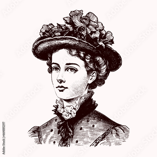 Vector portrait of a woman. Vintage Illustration in engraving style isolated on white victorian era Elegant woman in Hat